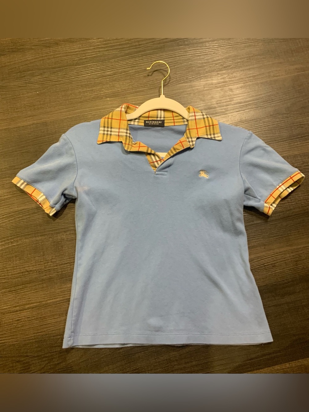 Burberry Blue Polo with Classic Beige Check Trim